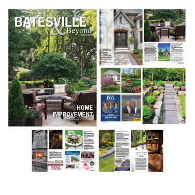 Cover page featuring a landscaped outdoor space with seating, homes, and various articles.