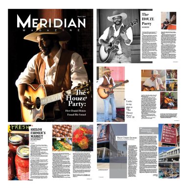 Musician with a guitar featured on a magazine cover, surrounded by article content.