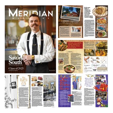 Cover of Meridian magazine featuring a man in a white shirt and black tie with food articles.