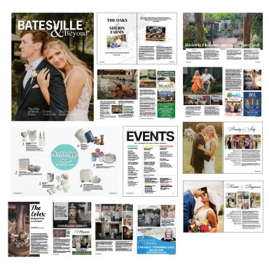 Collage of magazine pages featuring weddings, events, and lifestyle articles.