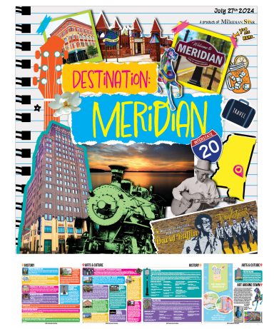 Collage featuring various attractions and scenes from Meridian, with colorful text and images.