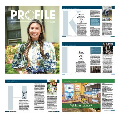 A woman in a colorful blouse smiles in front of a garden backdrop, with magazine layout elements.